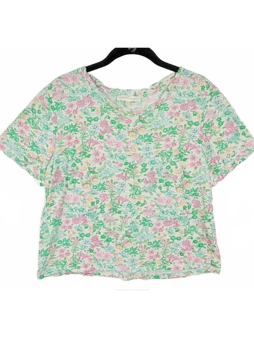 LoveShackFancy Calix Floral Scoop Neck Cropped T-Shirt Pink Green Women's Small